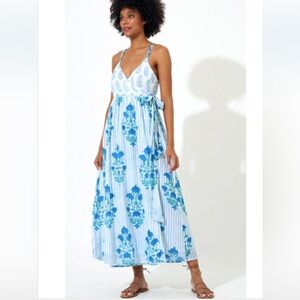 New Oliphant Sleeveless Wrap Dress, Jaipur Blue Stripe Wrap Dress with pockets